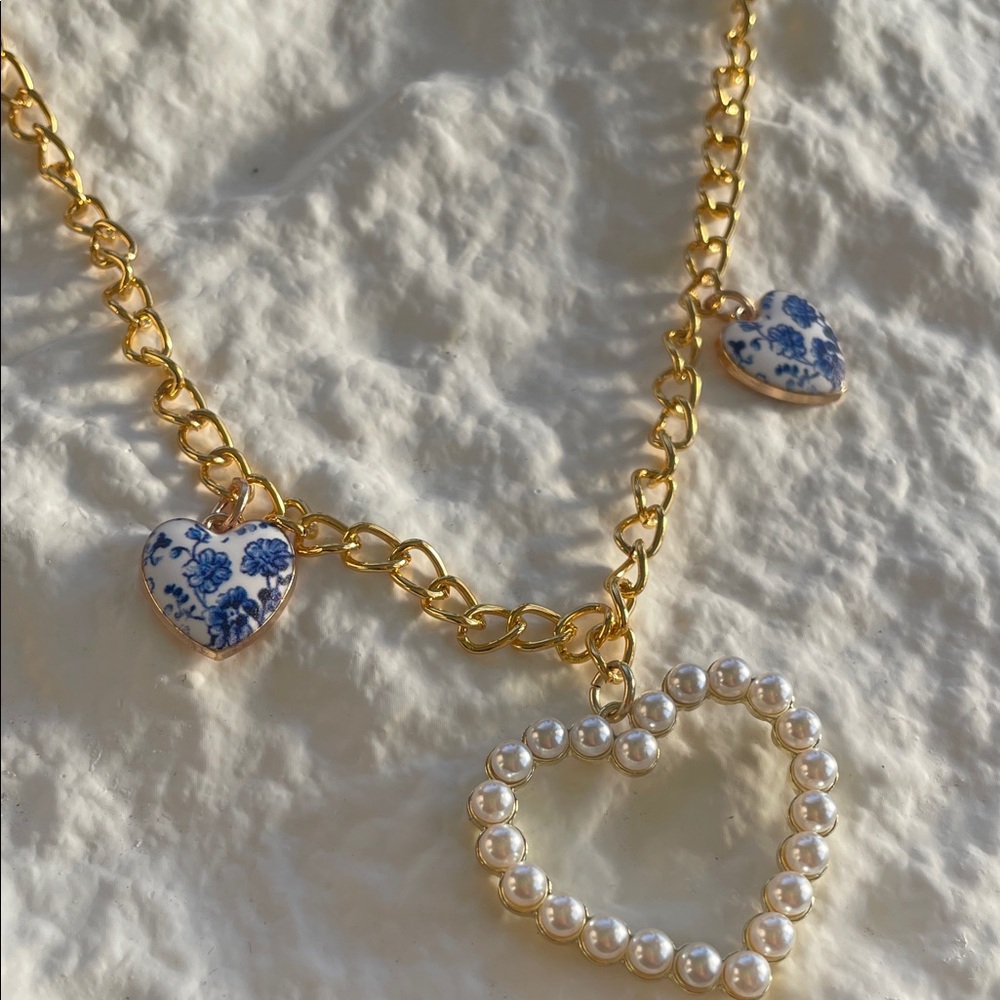 Pearl and Blue Floral Heart Necklace